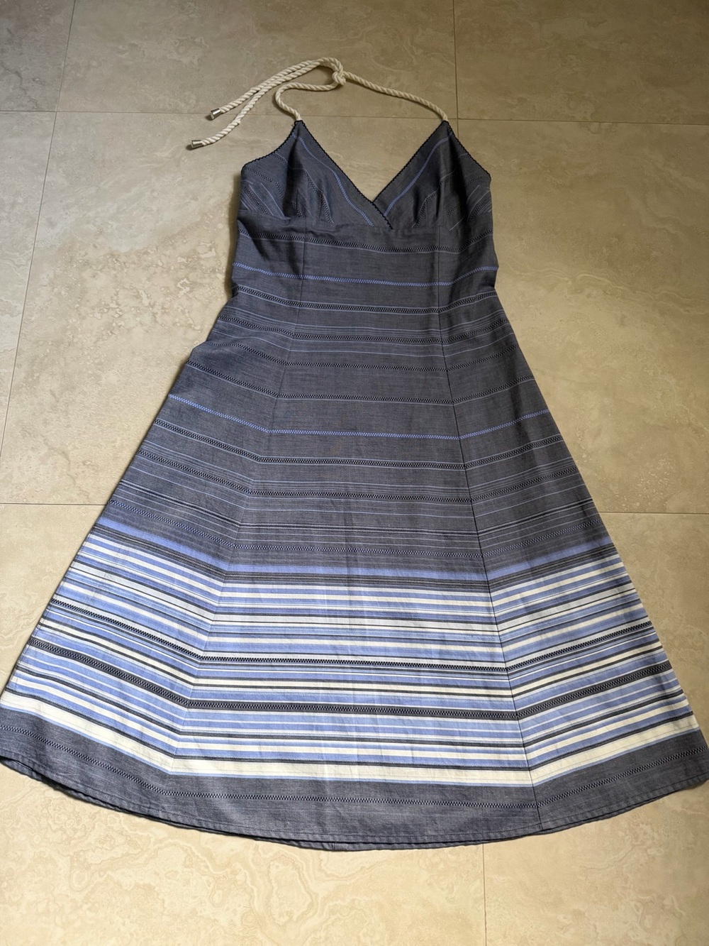 Tommy Bahama Nautical Cotton Chambray Stripe Halter Dress Rope Tie